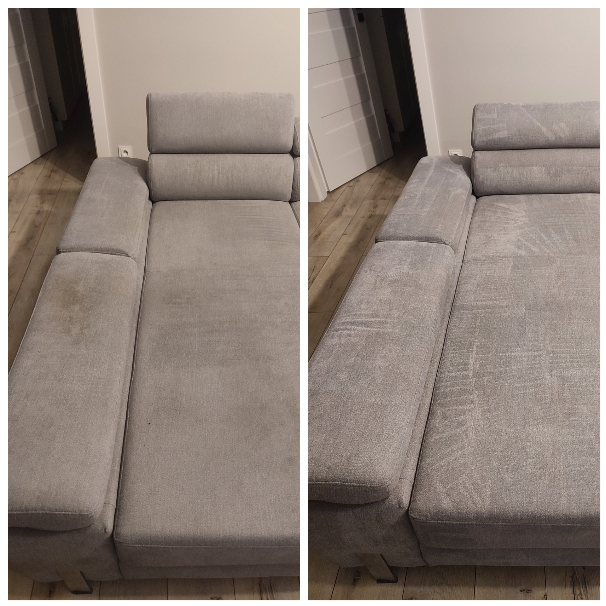 Porównanie stanu sofy przed i po czyszczeniu, widoczne wyraźne usunięcie zabrudzeń z tapicerki.
