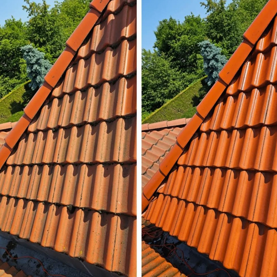 Część dachu z czerwonej dachówki, po lewej stronie widoczna brudna, porośnięta mchem powierzchnia, po prawej czysta, umyta dachówka, na tle zieleni drzew i błękitnego nieba.