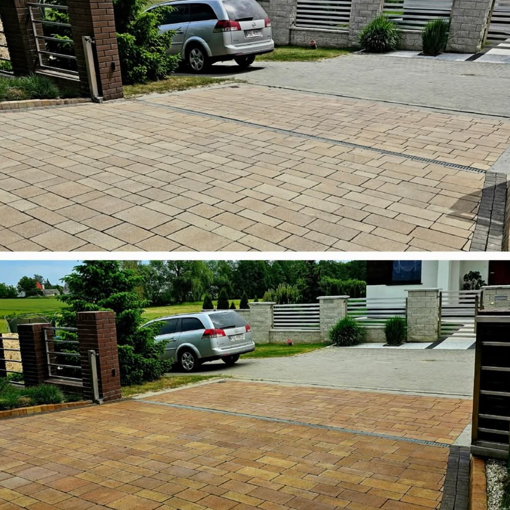 Porównanie kostki brukowej przed i po czyszczeniu, widoczne różnice w kolorze i czystości, srebrny samochód w tle.