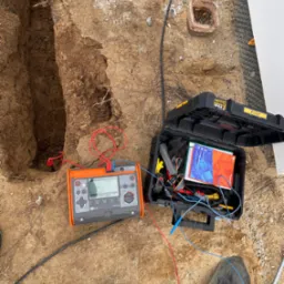 Pomarańczowy miernik elektryczny Comet MPI-520 z podłączonymi przewodami pomiarowymi, obok otwarta czarna skrzynka narzędziowa DeWalt TSTAK, szpadel i wykop w ziemi.