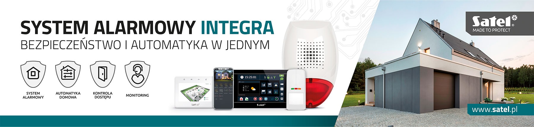 Banner reklamowy systemu alarmowego Integra firmy Satel, prezentujący centralę alarmową, czujnik ruchu, sygnalizator, panel dotykowy, aplikację mobilną oraz ikonografiki funkcji systemu na tle...