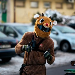 Karol Wierciński - Osoba w kostiumie renifera z kaskiem, dająca dwa kciuki w górę obok zielonego motocykla Ninja, na tle miejskiego krajobrazu z samochodami.