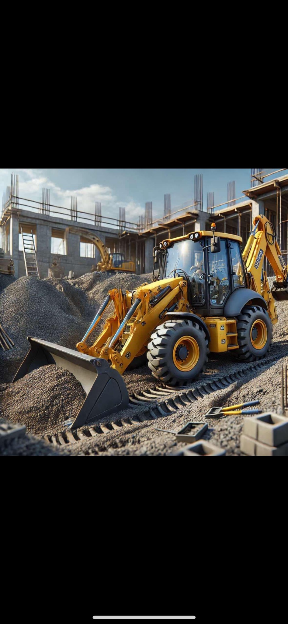 Żółto-czarna koparko-ładowarka z opuszczoną łyżką przed stertą gruzu i budynkiem w stanie surowym, w tle widoczna druga maszyna.