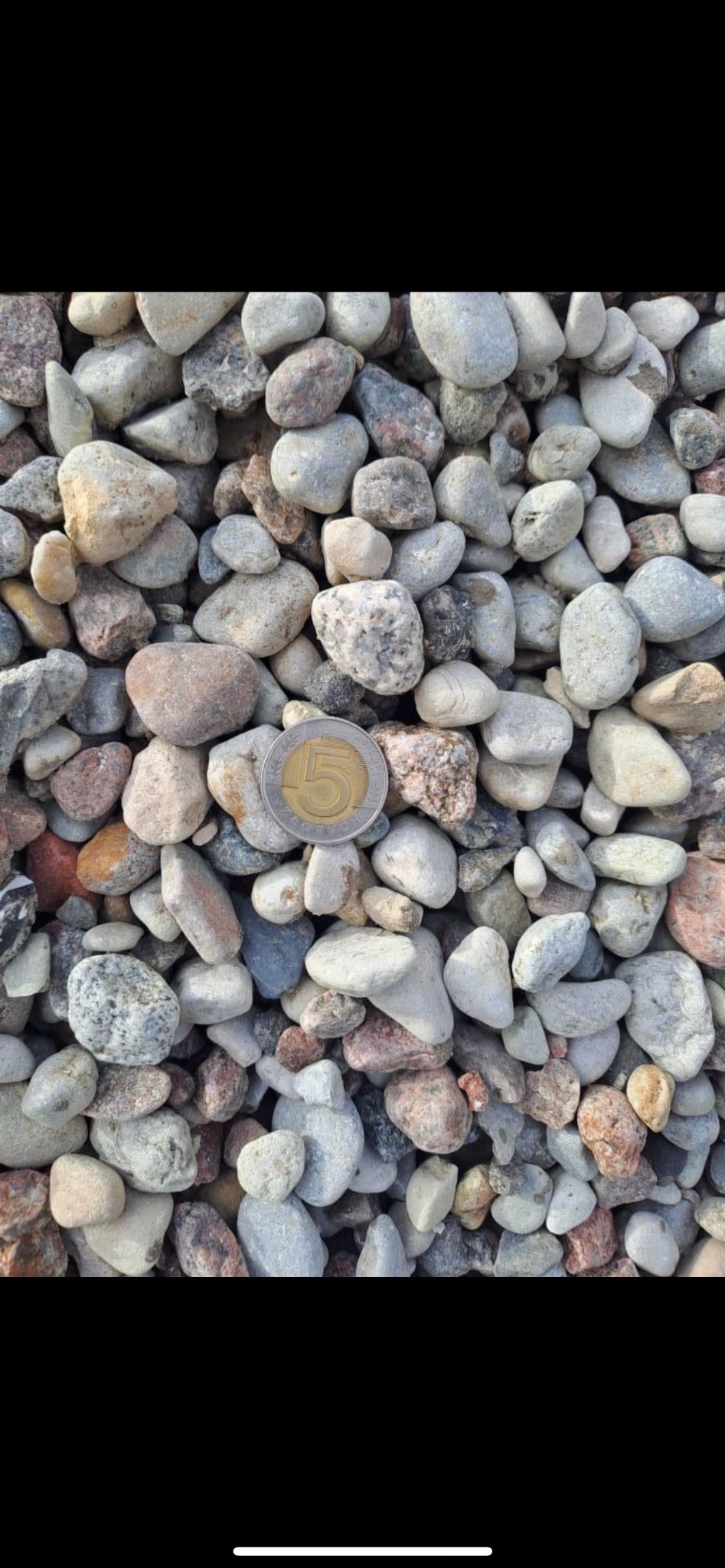 Kupa różnokolorowych otoczaków z monetą 5 złotych leżącą na wierzchu, ukazująca ich rozmiar.