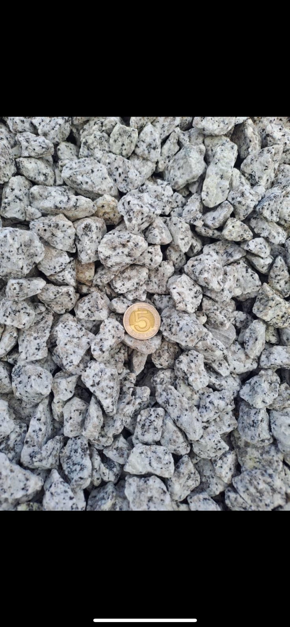 Biało-szary grys granitowy z polską monetą pięciozłotową na wierzchu, ukazującą jego fakturę i wielkość.