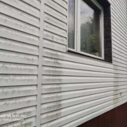 Fragment białej elewacji sidingowej z widoczną różnicą w czystości, po lewej stronie brudna, po prawej umyta, okno z brązową ramą i widoczną rośliną wewnątrz, na dole brązowa podmurówka.