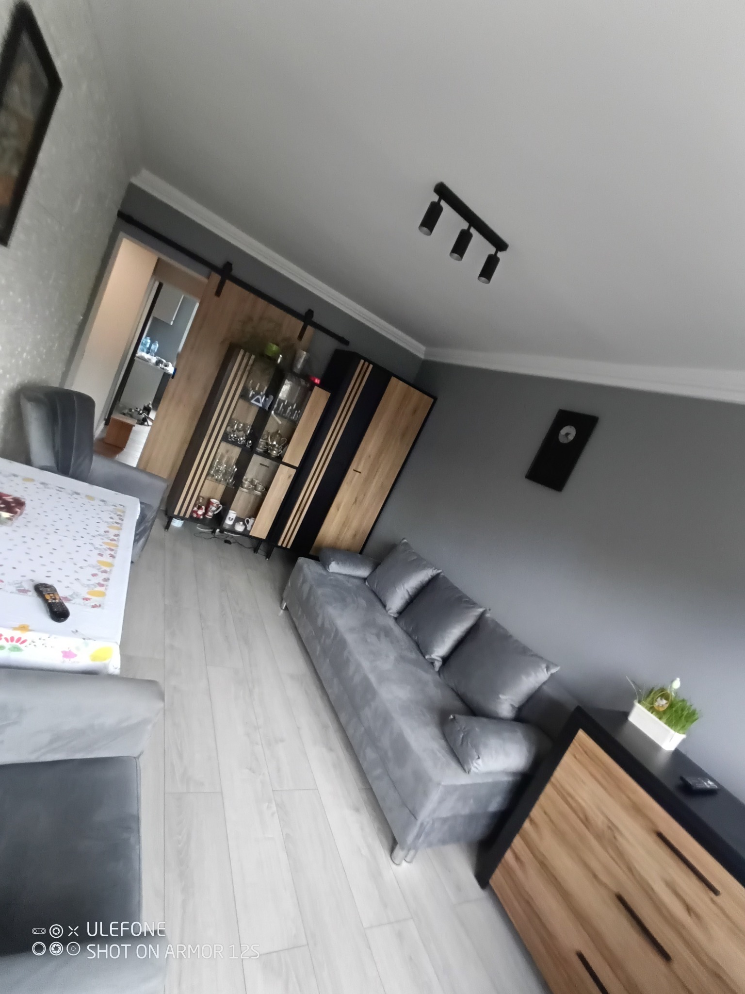 Nowoczesny salon w szarościach z drewnianymi akcentami: szara sofa z poduszkami, szafka RTV z drewnianym frontem, przeszklona witryna z dekoracjami, drzwi przesuwne do innego pomieszczenia...