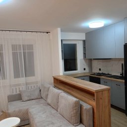 VIK-BUD VIKTOR SYDORCHUK - Nowoczesne wnętrze: szary narożnik z poduszkami w prążki, drewniany barek oddzielający salon od kuchni z szarymi szafkami i marmurowym backsplashiem, czarna lodówka.