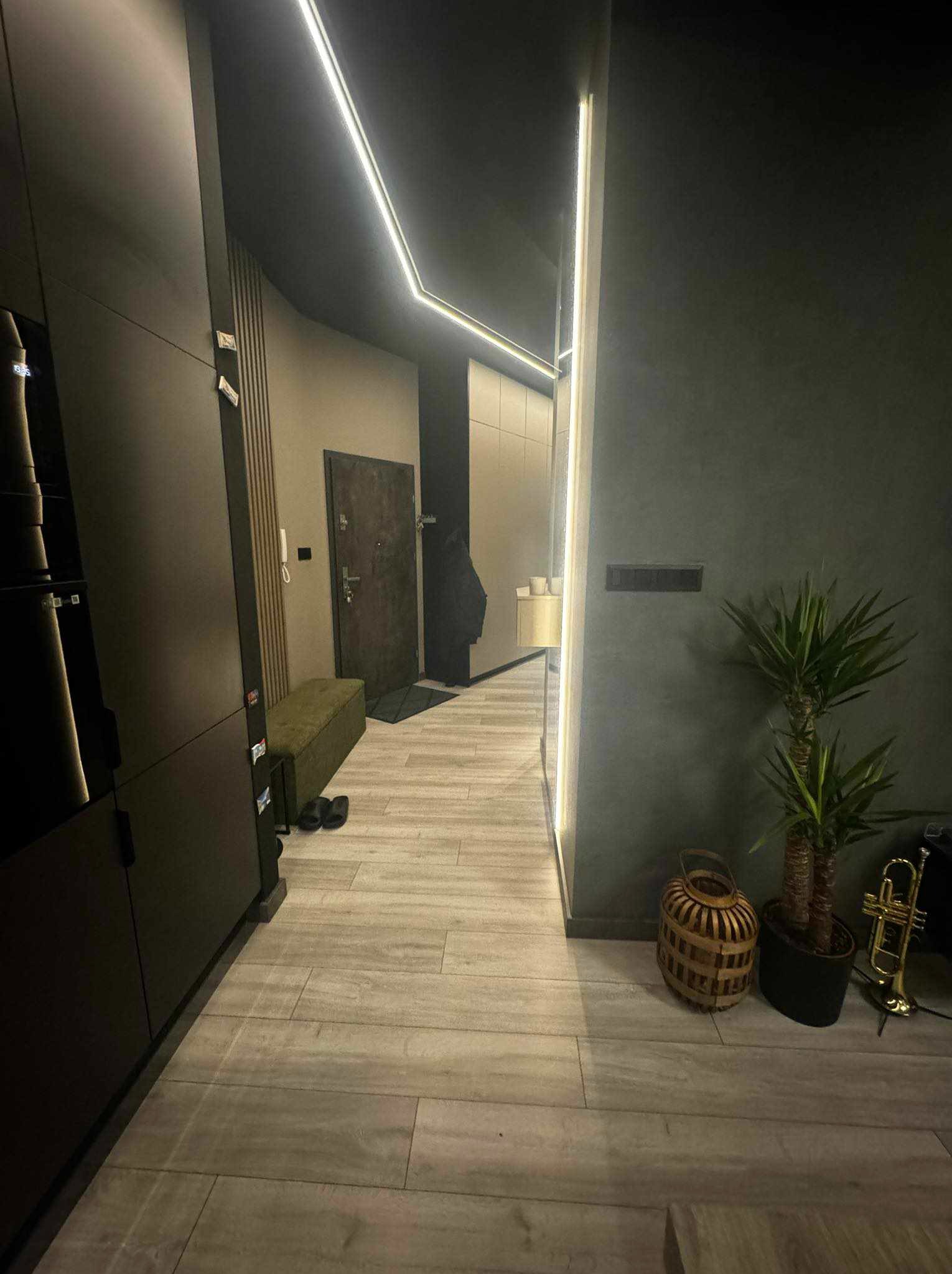 Nowoczesny przedpokój w ciemnej tonacji z podświetlanym sufitem i drewnopodobnymi płytkami podłogowymi, uzupełniony zieloną rośliną w doniczce i dekoracyjną trąbką.