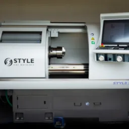 Nowoczesna, biało-szara obrabiarka CNC Style 350 z widocznym uchwytem tokarskim i panelem sterowania z ekranem wyświetlającym schemat obróbki.