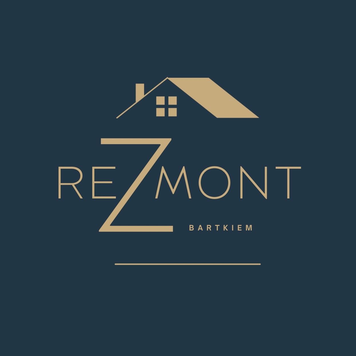Minimalistyczne logo firmy remontowej Bartkiem z ikoną domu i stylizowanym napisem 'REMONT' w kolorze złotym na granatowym tle.