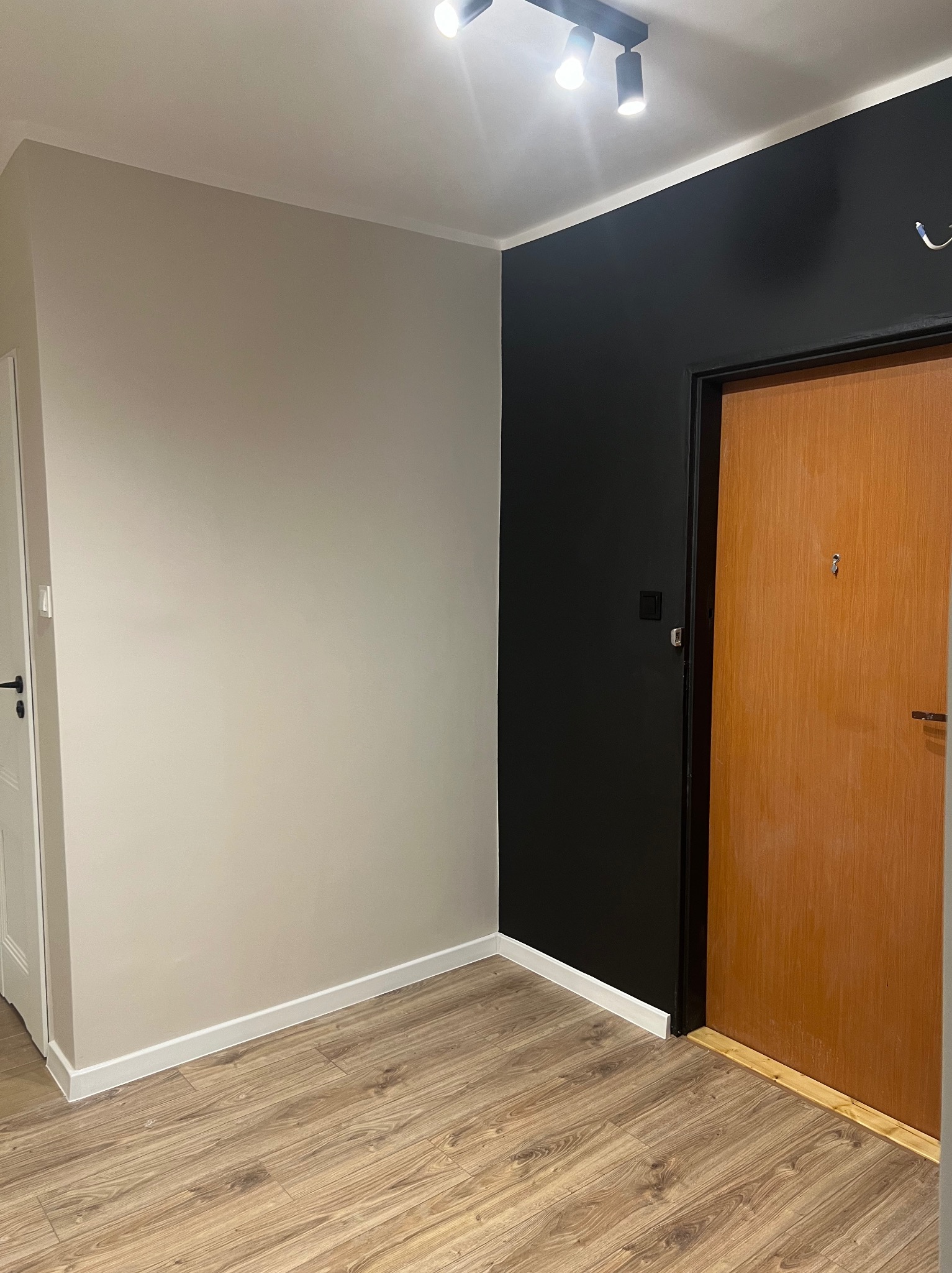Wnętrze mieszkania po malowaniu: ściana w odcieniach beżu kontrastuje z czarną ścianą przy brązowych drzwiach, widoczna listwa przypodłogowa i drewnopodobna podłoga.