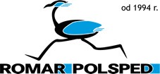 Logo firmy ROMAR POLSPED przedstawiające czarnego ptaka w biegu z niebieskimi akcentami oraz rok założenia firmy 1994.