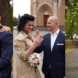 rpp_wedding_photography - Kolaż z trzech ujęć pary w strojach ślubnych: siedząca na ławce, stojąca przed kościołem i spacerująca w parku.
