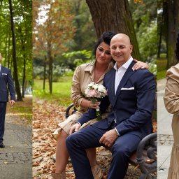 rpp_wedding_photography - Para w parku: kobieta w beżowej sukience z bukietem, mężczyzna w granatowym garniturze, uśmiechnięci, jesienna sceneria.