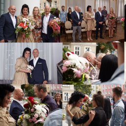 rpp_wedding_photography - Kolaż zdjęć z uroczystości ślubnej, prezentujący parę młodą, gości z bukietami kwiatów oraz momenty gratulacji i radości po ceremonii.