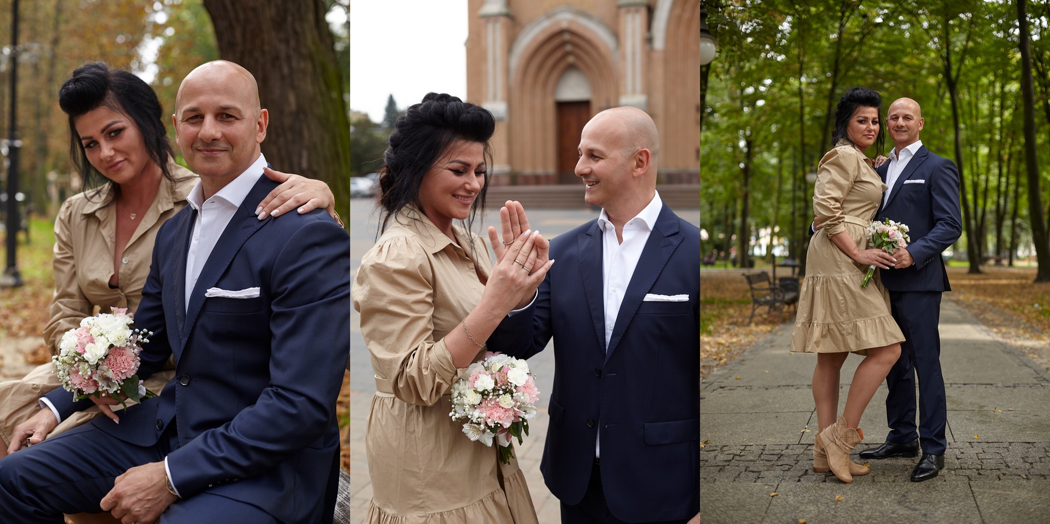 Kolaż z trzech ujęć pary w strojach ślubnych: siedząca na ławce, stojąca przed kościołem i spacerująca w parku.