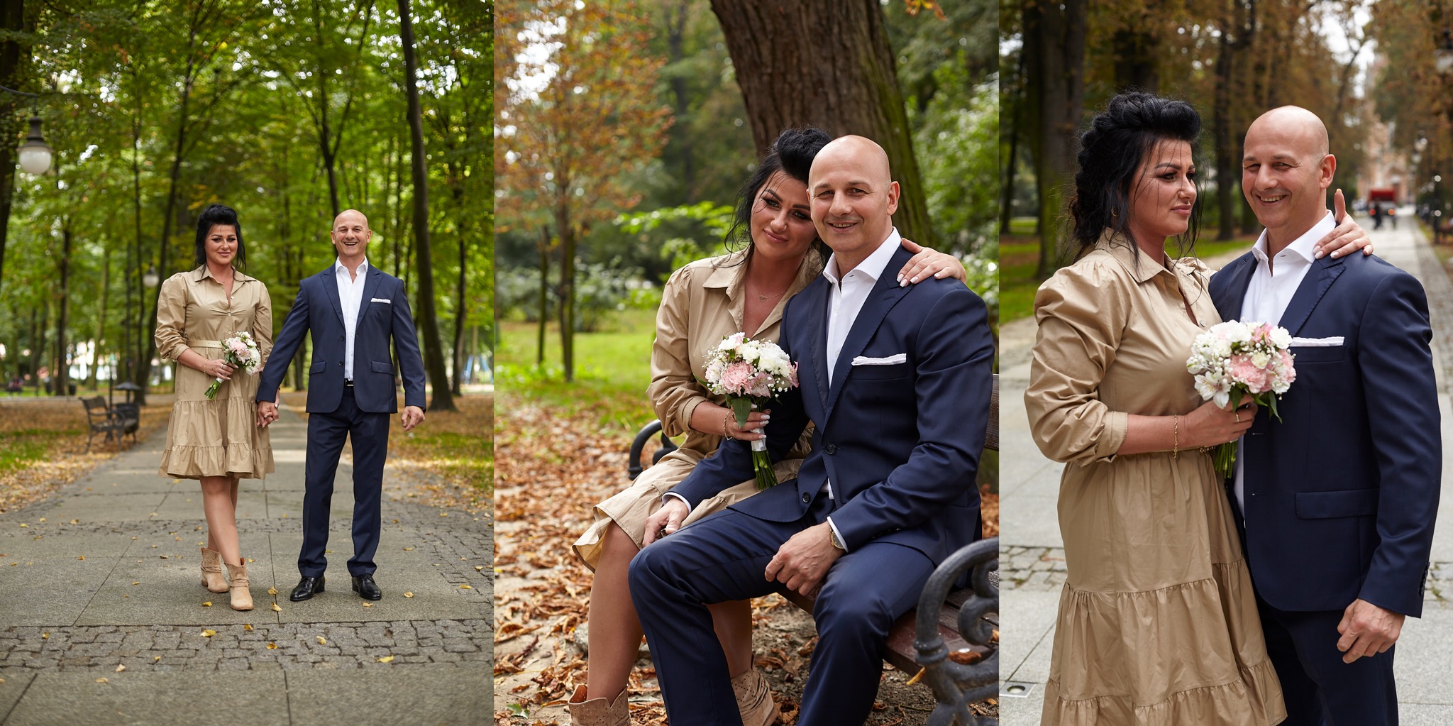 Para w parku: kobieta w beżowej sukience z bukietem, mężczyzna w granatowym garniturze, uśmiechnięci, jesienna sceneria.