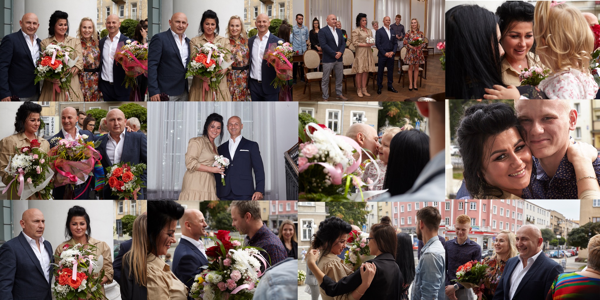 Kolaż zdjęć z uroczystości ślubnej, prezentujący parę młodą, gości z bukietami kwiatów oraz momenty gratulacji i radości po ceremonii.