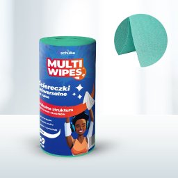 Schulte Professional Cleaning Solutions - Rolka uniwersalnych, zielonych ściereczek w niebieskim opakowaniu z grafiką uśmiechniętej kobiety w słuchawkach, na białym tle z wyciętym fragmentem zwiniętej ściereczki.