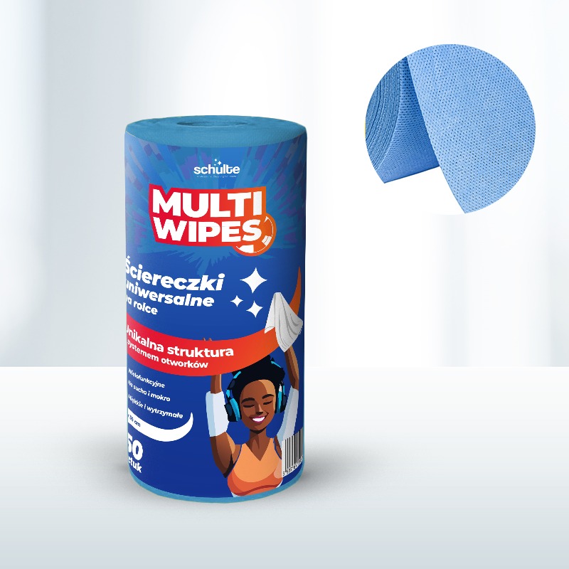 Rolka niebieskich ściereczek uniwersalnych z perforacją, na etykiecie grafika uśmiechniętej kobiety ze słuchawkami.