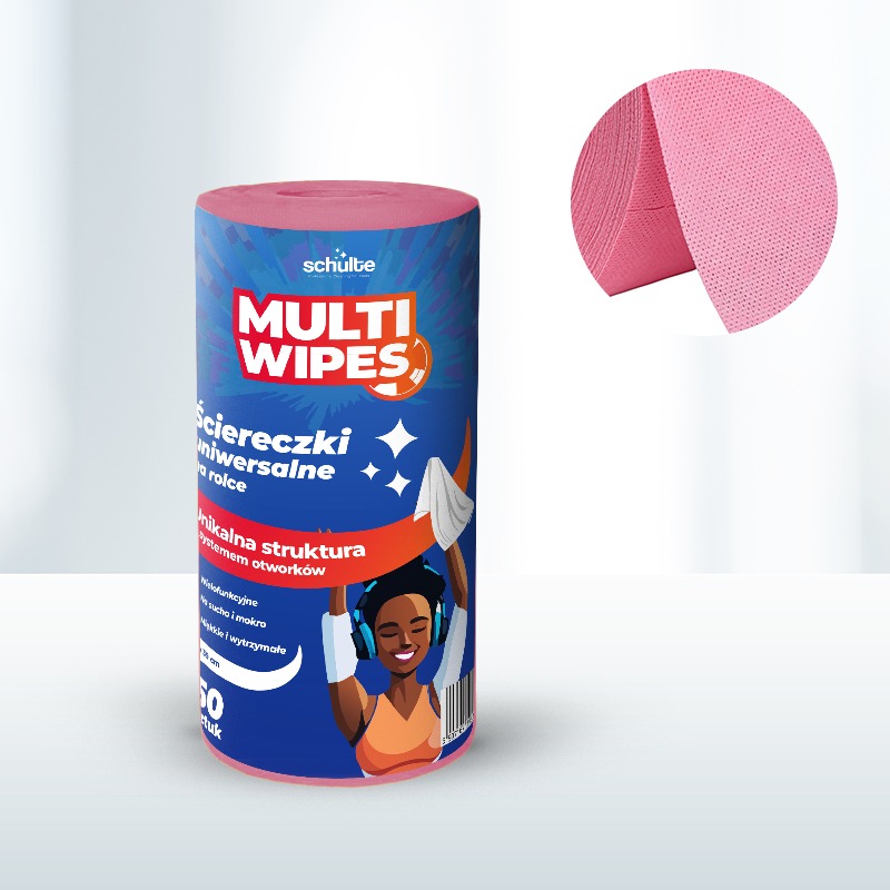 Rolka różowych, uniwersalnych ściereczek w niebieskim opakowaniu z grafiką uśmiechniętej kobiety w słuchawkach, obok wizualizacja struktury ściereczki.