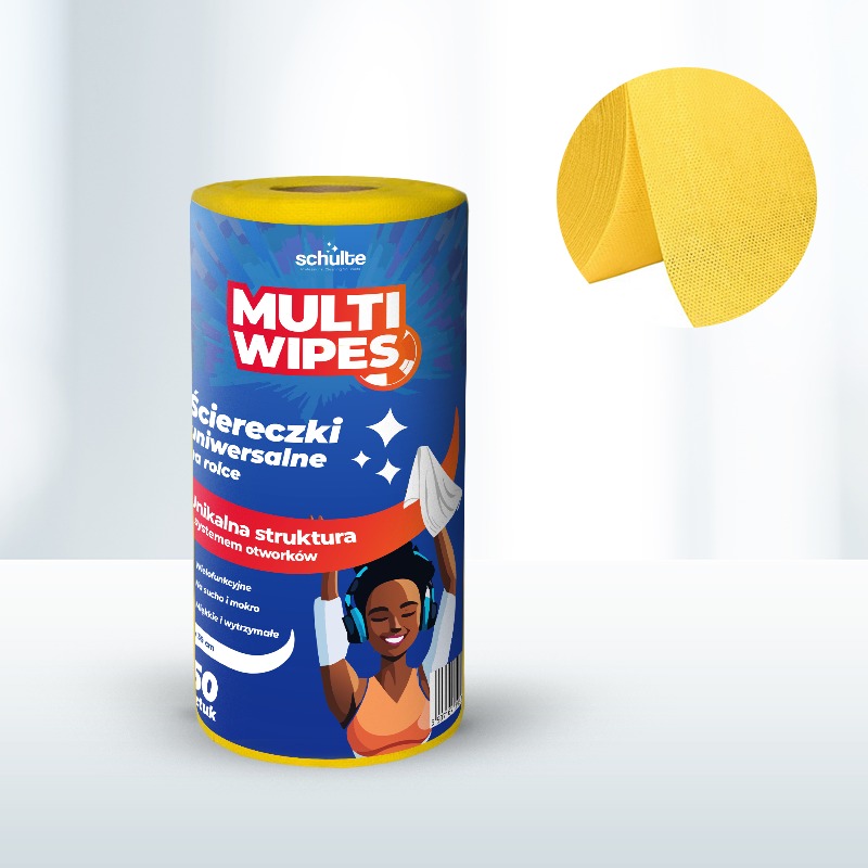 Rolka żółtych, uniwersalnych ściereczek do czyszczenia Multi Wipes na białym tle, obok wycięty fragment ściereczki z widoczną strukturą.