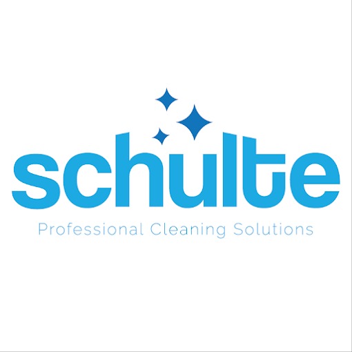 Logo firmy Schulte Professional Cleaning Solutions w kolorze błękitnym z trzema stylizowanymi gwiazdkami powyżej nazwy.