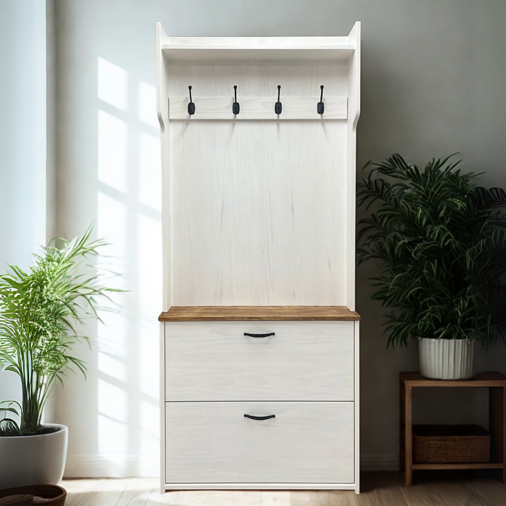 Szafka do przedpokoju z wieszakami oraz dolnymi szafkami na buty.