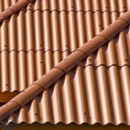 M.A.M. DREWNO MARCIN STACHOWIAK - Czerwona dachówka ceramiczna ułożona na dachu, widok z bliska. Widoczne elementy mocujące i fragment okapu. Ujęcie z dołu pod kątem.