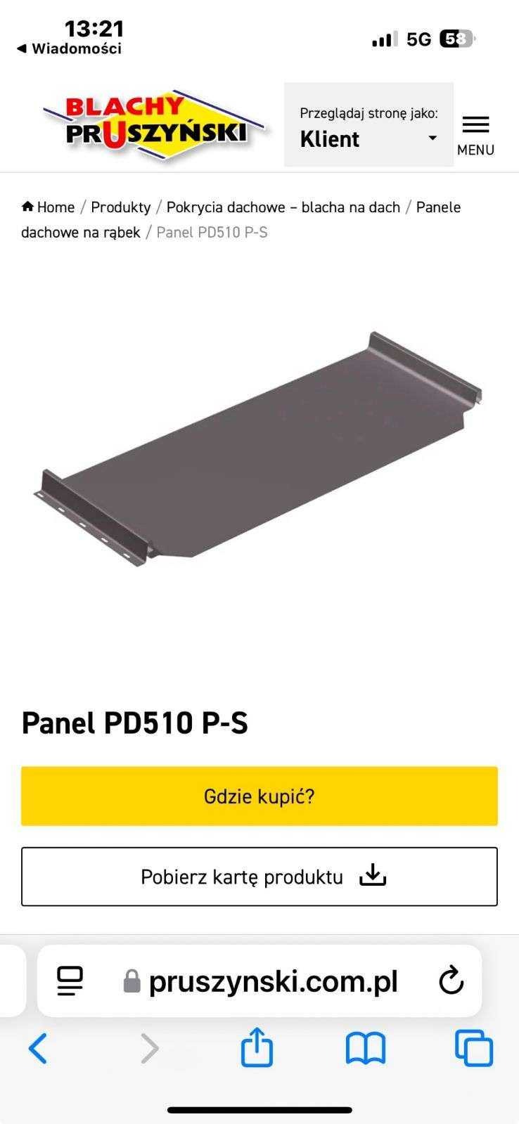 Panel dachowy na rąbek Pruszyński PD510 P-S, prezentowany na stronie internetowej. Widok z góry, ukazujący detaliczny profil elementu.