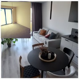 Stan Rem Bud - Kontrastowe ujęcie wnętrza mieszkania: surowy stan z oknem zabezpieczonym folią obok wykończonej części z szarą sofą, okrągłym stołem i minimalistyczną dekoracją.