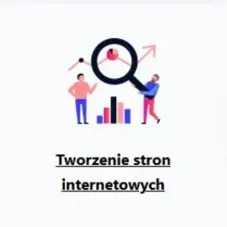 Grafika wektorowa przedstawiająca dwóch mężczyzn analizujących wykres słupkowy pod lupą, z rosnącą strzałką w tle, symbolizująca optymalizację i rozwój strony internetowej.