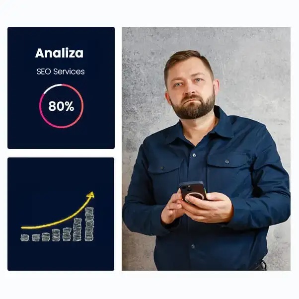 Mężczyzna w niebieskiej koszuli trzyma telefon na tle szarej ściany, obok infografiki z napisem 'Analiza SEO Services' oraz wykresem wzrostu.