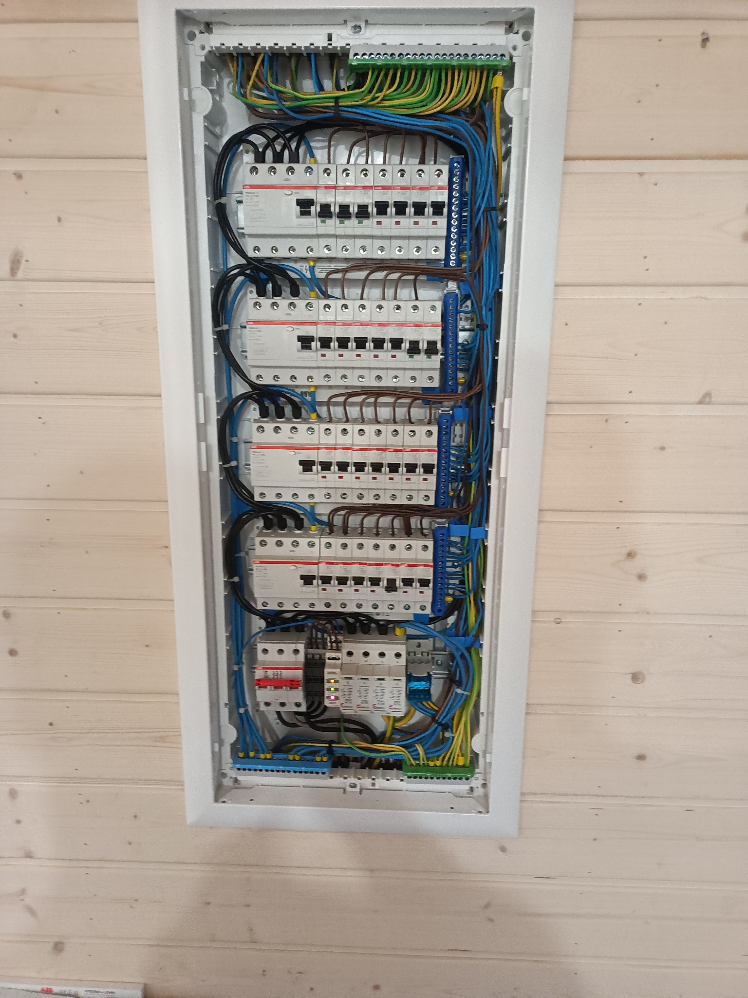 Rozdzielnica elektryczna w obudowie, zamontowana na ścianie z jasnego drewna, widoczne bezpieczniki, przewody w kolorach niebieskim, czarnym, brązowym i żółto-zielonym.