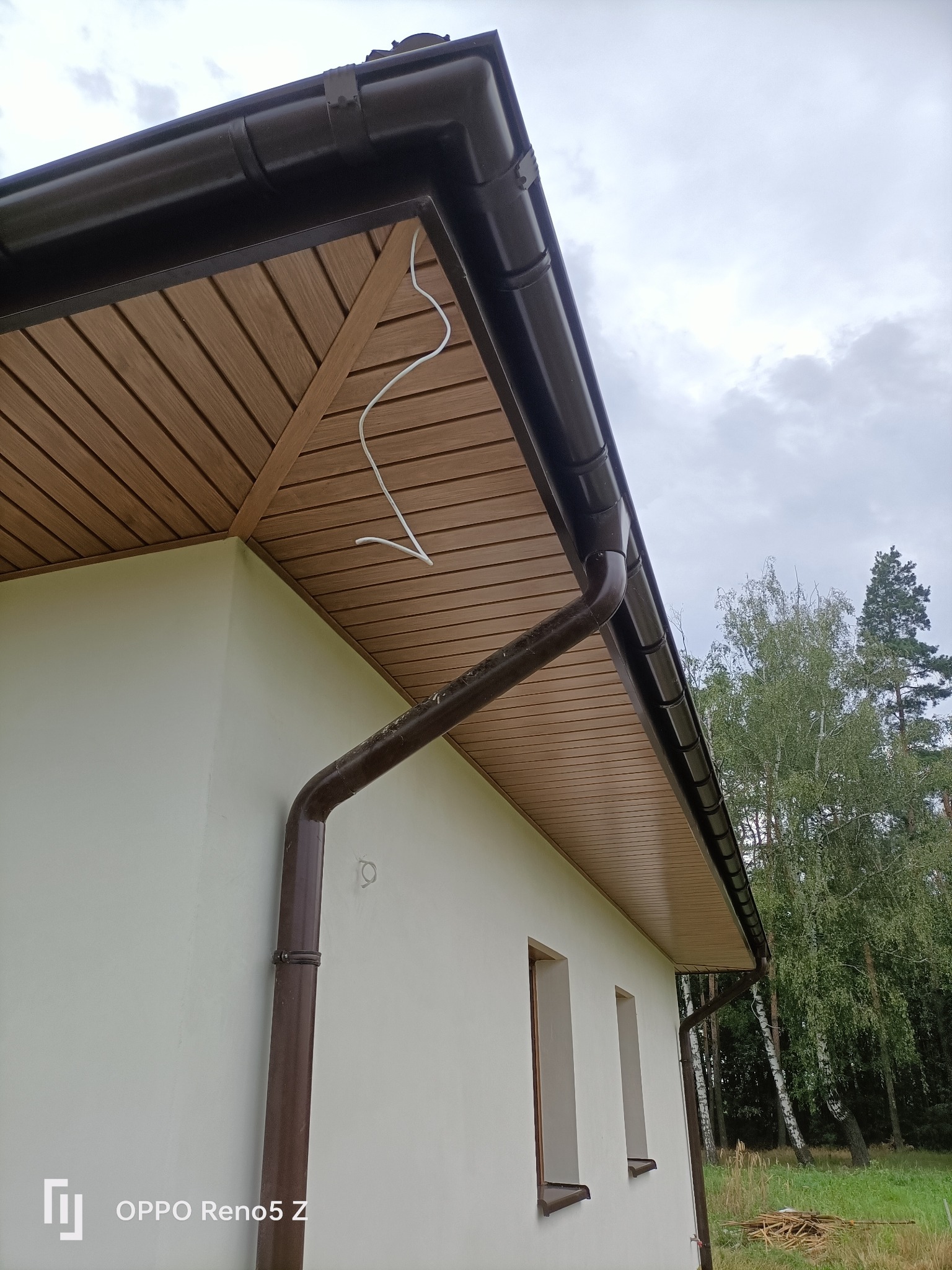 Fragment elewacji domu z brązowym orynnowaniem i podbitką imitującą drewno, widoczne okna i fragment ogrodu z drzewami.