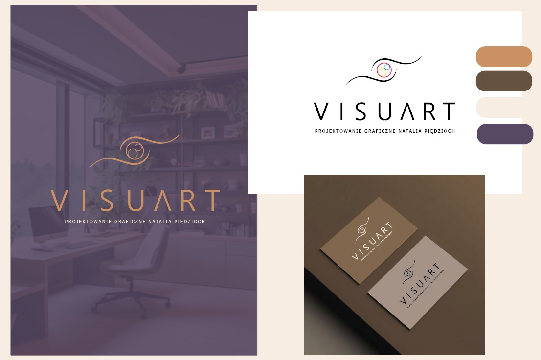 Prezentacja identyfikacji wizualnej firmy Visuart: logo z motywem oka, wizytówki w odcieniach brązu, paleta kolorów i aranżacja biura w tle.