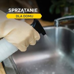 Simplebee Khrystyna Kuzmenko - Osoba w lateksowej rękawicy spryskuje stalowy zlew środkiem czyszczącym z czarnego rozpylacza.