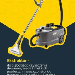 Profesjonalny ekstraktor czyszczący marki Karcher na ż&oacute;łto-granatowym tle, z tekstem reklamowym o głębokim czyszczeniu dywan&oacute;w i mebli.