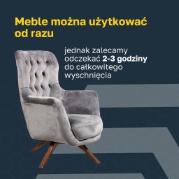 Simplebee Khrystyna Kuzmenko - Szary fotel tapicerowany na drewnianych nogach, z informacją o czasie schnięcia po czyszczeniu, prezentowany w Krakowie.