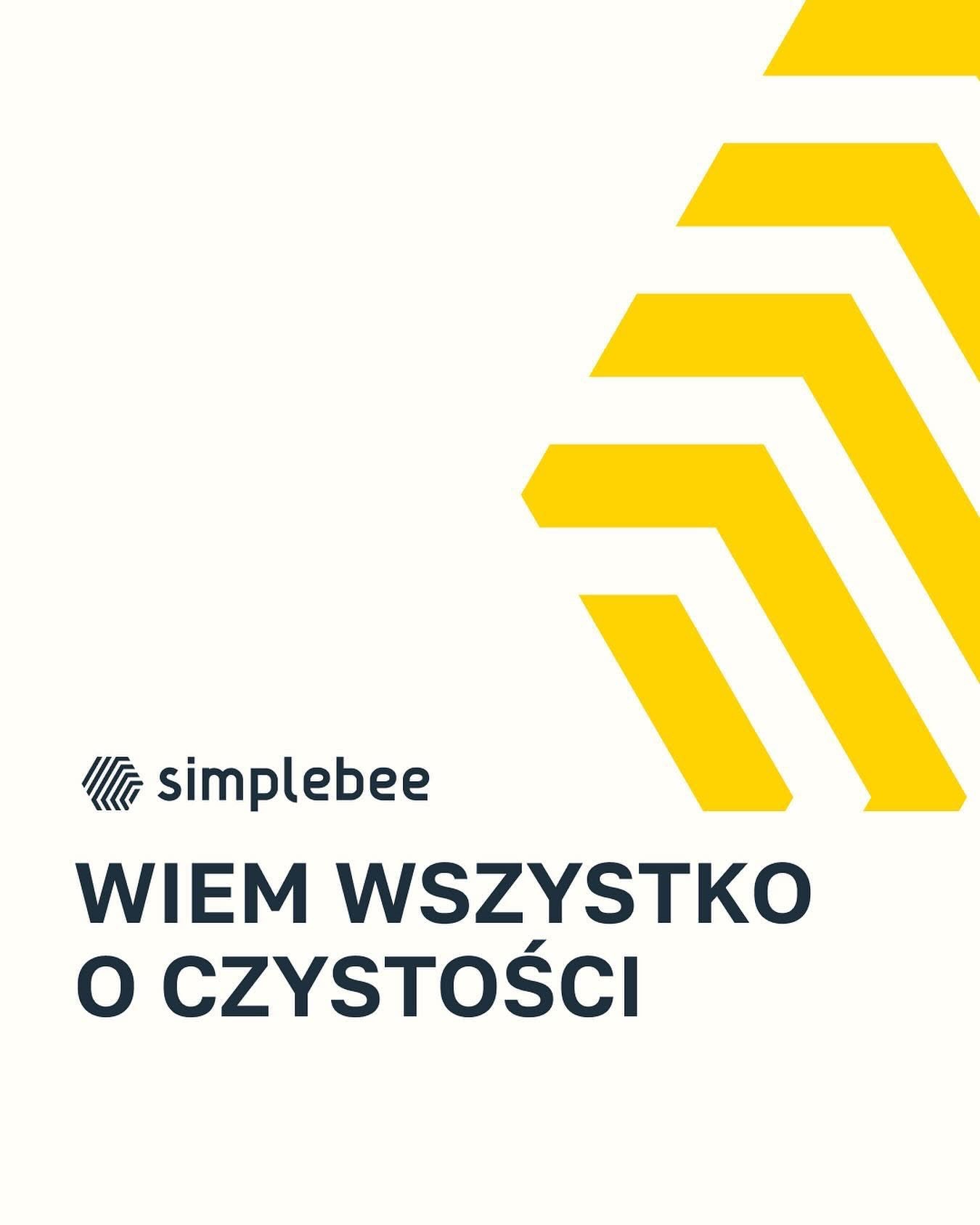 Logo firmy Simplebee z hasłem 'WIEM WSZYSTKO O CZYSTOŚCI' i abstrakcyjnym symbolem graficznym w kolorze żółtym.