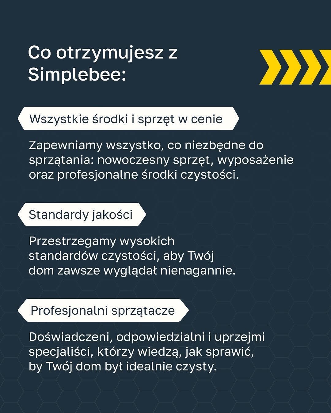 Grafika reklamowa firmy Simplebee oferującej usługi sprzątania, prezentująca korzyści: środki i sprzęt w cenie, wysokie standardy czystości i profesjonalni sprzątacze.
