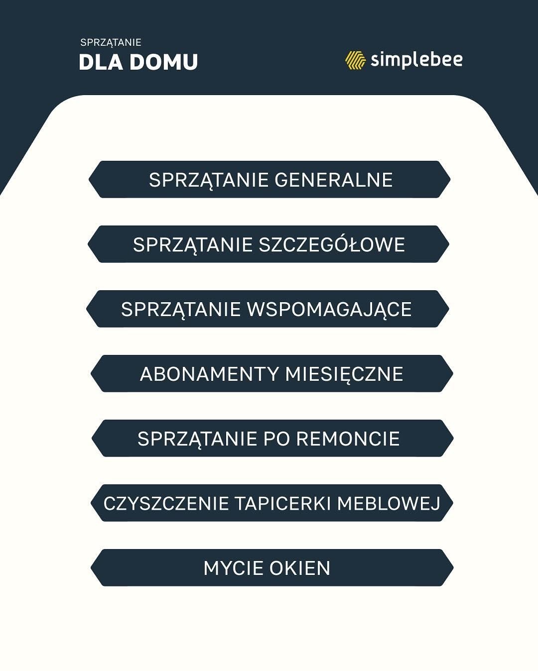 Grafika prezentująca ofertę usług sprzątania dla domu, w tym sprzątanie generalne, szczegółowe, wspomagające, abonamenty miesięczne, sprzątanie po remoncie, czyszczenie tapicerki meblowej...