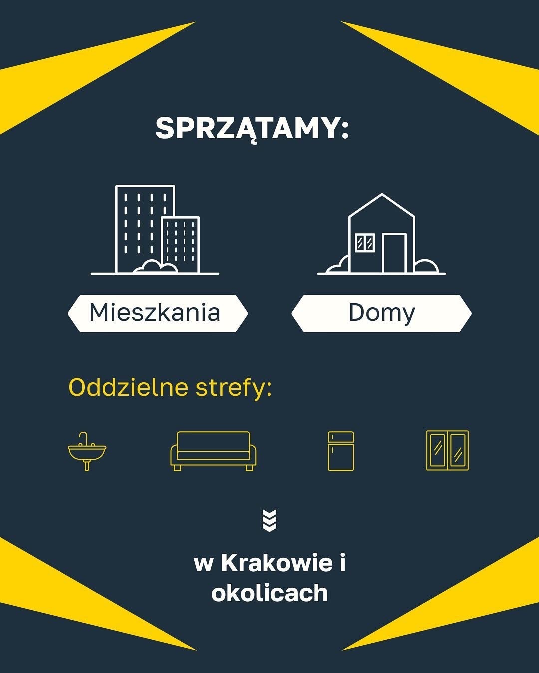 Grafika reklamowa firmy sprzątającej w Krakowie i okolicach, z ikonami mieszkań, domów, umywalki, sofy, lodówki i okna.