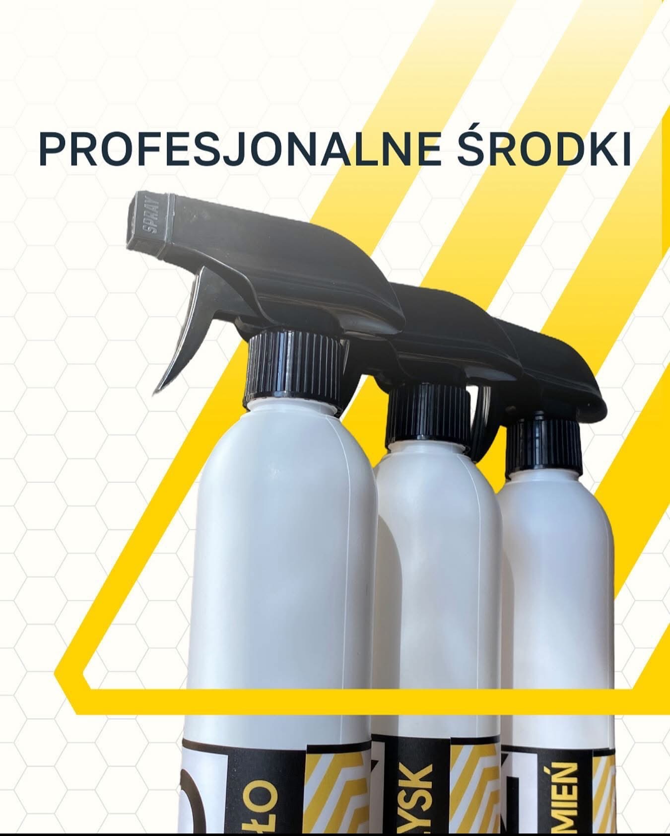Trzy białe butelki z czarnymi spryskiwaczami na tle z żółtymi paskami i napisem 'Profesjonalne środki'. Etykiety na butelkach zawierają słowa 'Ło', 'Łysk', 'Mień'.