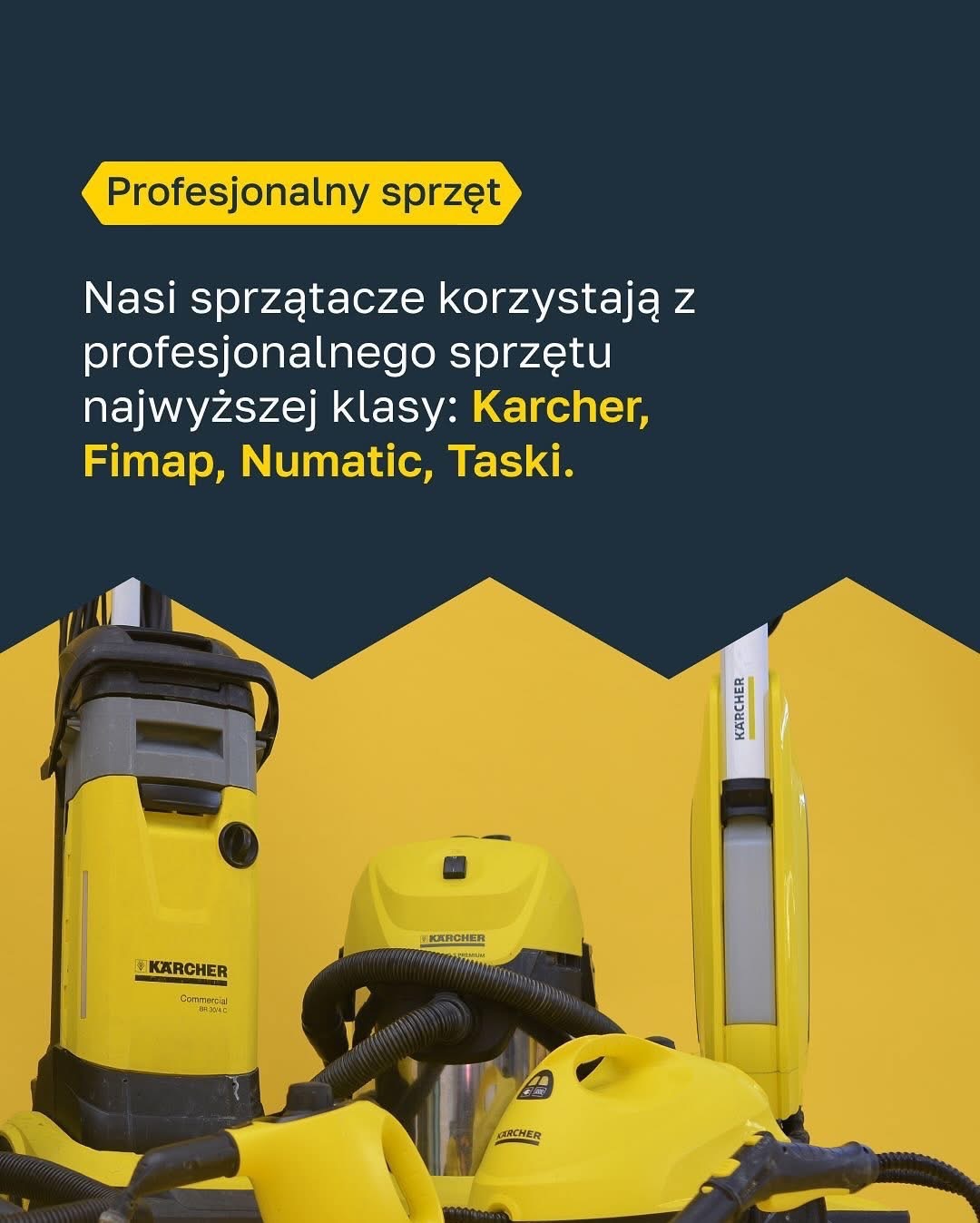 Profesjonalny sprzęt do sprzątania: zestaw żółtych odkurzaczy przemysłowych Kärcher, Fimap, Numatic i Taski na jednolitym tle.