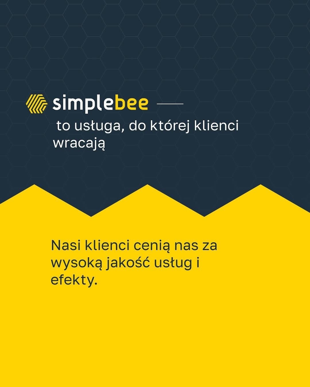 Grafika z logo Simplebee, hasłem 'to usługa, do której klienci wracają' i informacją 'Nasi klienci cenią nas za wysoką jakość usług i efekty', na tle w kolorach granatu i żółci.