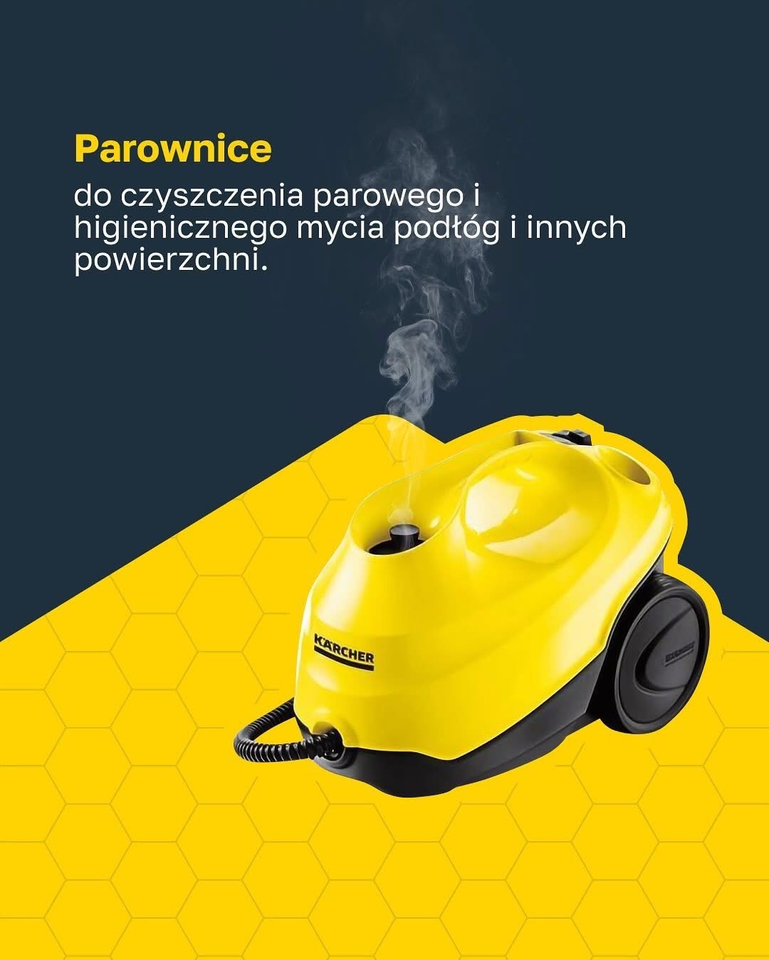 Żółty parownica Karcher wydzielająca parę, umieszczona na tle w kolorze żółtym i granatowym z geometrycznym wzorem.