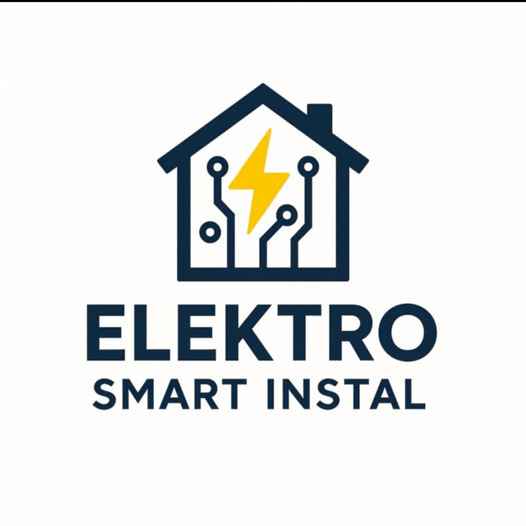 Logo firmy Elektro Smart Instal: dom z symbolem błyskawicy i obwodu elektrycznego, nazwa firmy poniżej. Kolorystyka: granatowy, żółty, biały. Minimalistyczny design.
