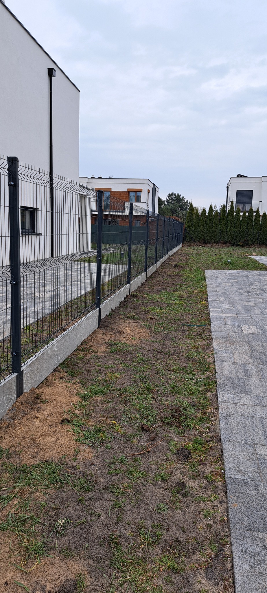 Nowoczesne ogrodzenie panelowe w kolorze grafitowym, z podmurówką betonową, oddzielające posesję od chodnika z kostki. W tle budynki mieszkalne i zielone tuje.